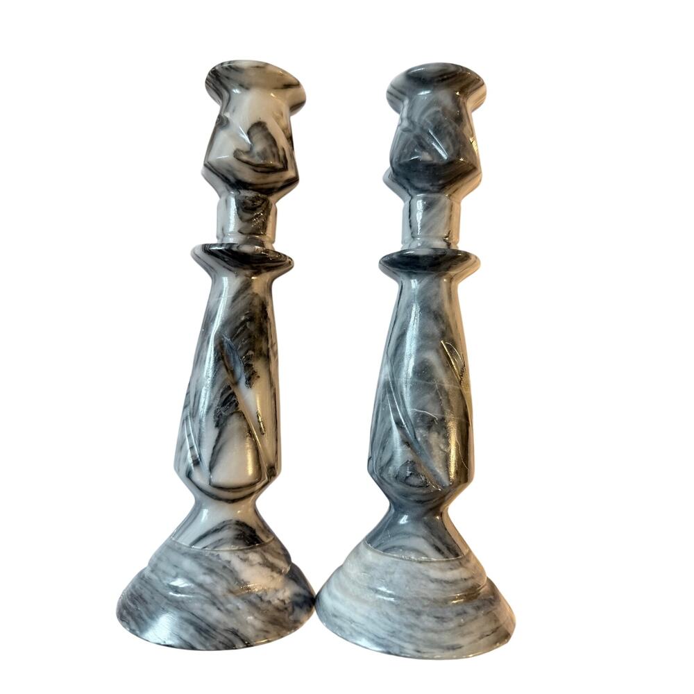 Vintage 8” Solid Marble Candlestick Holders Mid-Century